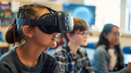 A student wearing a VR headset while the teacher observes their virtual exploration, facilitating interactive learning in the classroom.