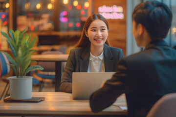 A young Japanese businesswoman is conducting an interview with another at the table, using a laptop computer and a coffee cup on the desk, with a bright office background