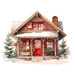 Wooden house with snow. Watercolor hand drawn illustration isolated on white background