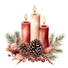 Watercolor Christmas composition with candles, pine cones and berries. Hand drawn illustration