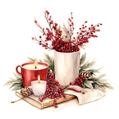 Watercolor autumn composition with red cup of hot drink, book, candle and rowan berries.