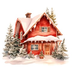 Winter cottage. Watercolor illustration isolated on white background. Hand drawn