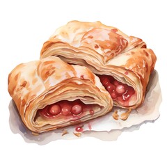 Puff pastry with cherry jam. Hand drawn watercolor illustration.