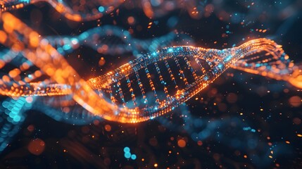 Cadena de ADN  hecha de luces en un fondo obscuro. Estructura Genetica