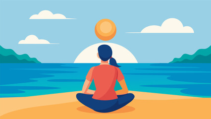 A person sits crosslegged on the beach gazing out at the sun rising over the ocean as they stretch their arms behind their back.. Vector illustration