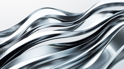 Close-up of a curved metallic wave with smooth, reflective surface. The wave is chrome colored and set against a neutral white background