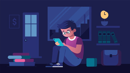 A student sitting in a dimly lit room squinting at a phone screen displaying their increasing loan balance.. Vector illustration