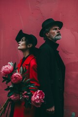 Elderly couple in stylish outfits against pink background. Peony flowers, rfed coat and hat