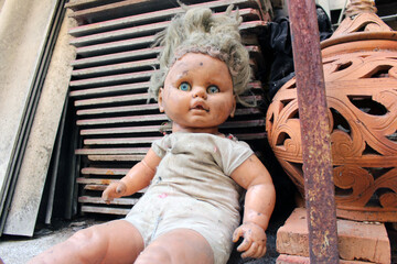 Scary horror doll Creepy doll Halloween concept, Close up of Ghost doll mystic in abandoned places background