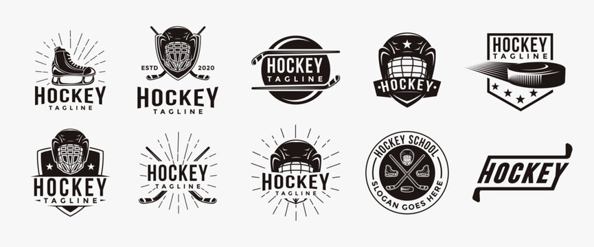 Set of vintage badge patch emblem Vintage seal badge hockey sport logo with hockey equipment vector icon on white background