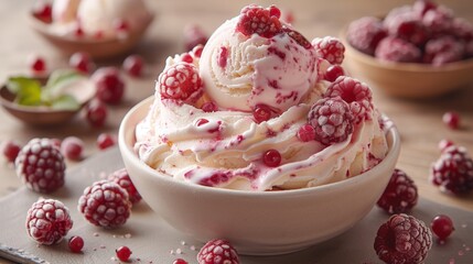 Bowl of vanilla ice cream with raspberry and mint