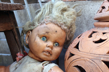 Scary horror doll Creepy doll Halloween concept, Close up of Ghost doll mystic in abandoned places...