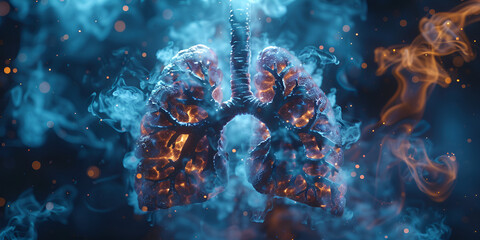 Blue flames consuming lungs, representing pain and inflammation