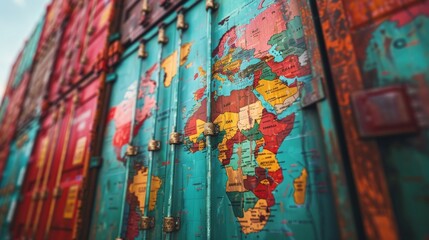 Supply chain logistics concept with a global map and shipping containers.