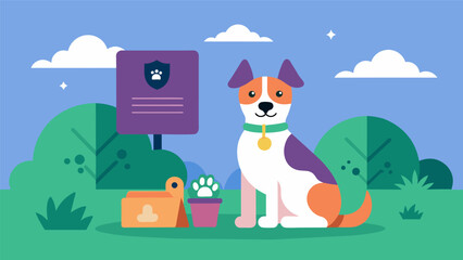 An illustration of a dog park with a sign reading All pets must have a verified digital identity chip for entry highlighting the importance of proper. Vector illustration