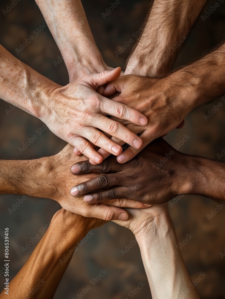 Poster management teamwork concept with hands stacked in unity.