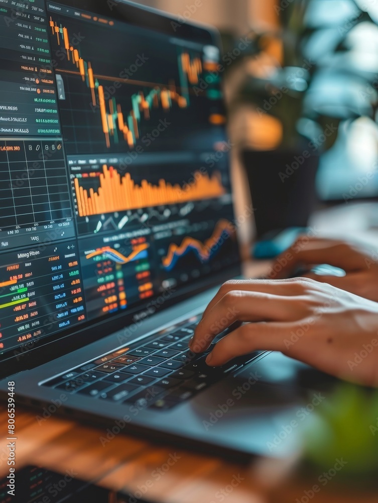 Poster financial analysis concept with a person analyzing charts on a computer.