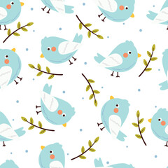 seamless pattern cartoon bird and leaves. cute animal wallpaper illustration for gift wrap paper