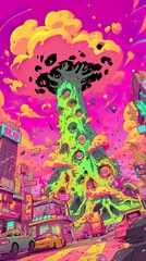 Lonely tree, glowing with inner light, stands tall in a bustling city, High-angle view