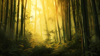 Panoramic image of a forest in the morning light. Conceptual image.