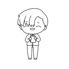 A cartoon boy is holding a book and smiling