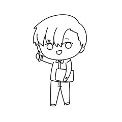 A cartoon boy is holding a cell phone and smiling