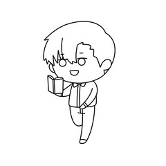 A cartoon boy is holding a book and smiling