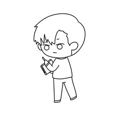 A boy is holding a cell phone and looking at it