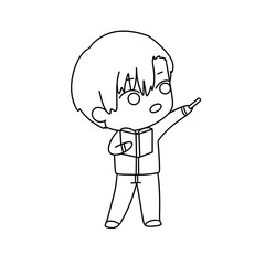 A cartoon boy is pointing at a book