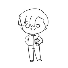 A cartoon boy is standing with his arms crossed and a smile on his face