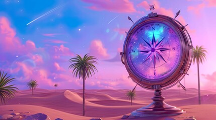 Mysterious map, compass rose, on a vast desert with towering sand dunes, under a starlit sky, 3D render, golden hour lighting, lens flare, Handheld shot view