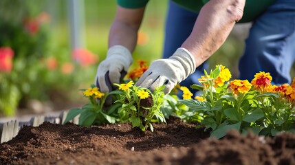 Fototapeta premium Woman putting beautiful flowers into the ground in the garden, arranging the garden, planting flowers in the garden,