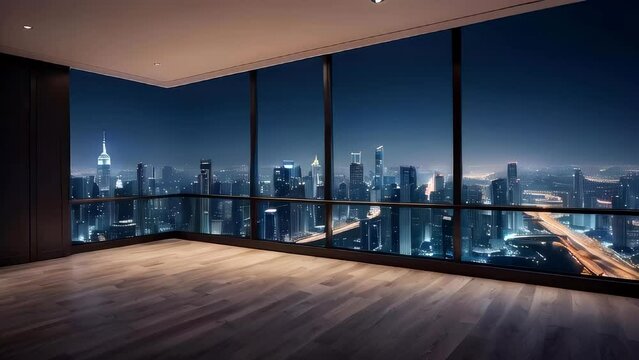 Collection of Footage "Empty room in a skyscraper with a view of the night city. Expensive property with a beautiful view."