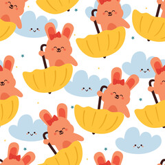 seamless pattern cartoon bunny playing with umbrella. cute animal wallpaper with sky element, umbrella