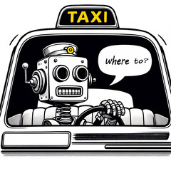 ロボットタクシー 自動運転 どちらまで? と声を掛けるタクシー運転手 過去と未来の交錯  Robot Taxi Self-driving,  A cab driver calls out 