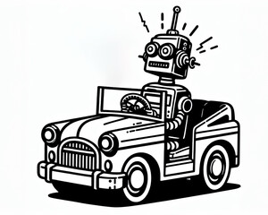 ロボットタクシー 自動運転 レトロなブリキのおもちゃ 過去と未来の交錯 Robot cab, automatic driving, retro tin toy, intersection of past and future.