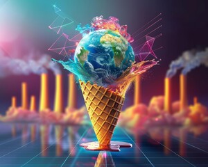 An artistic depiction of the Earth melting over a cone, resembling an ice cream cone, with a background of industrial smokestacks exacerbating the melt, - obrazy, fototapety, plakaty