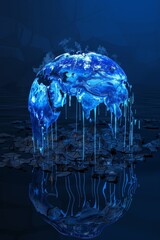 An artistic rendering of a melting Earth, with its oceans and landmasses dripping onto a reflective surface that shows a scorched landscape, - obrazy, fototapety, plakaty