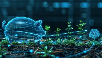 A visual metaphor of a piggy bank transforming into a green, leafy tree, symbolizing the growth through sustainable investments, - obrazy, fototapety, plakaty