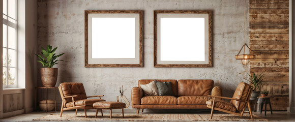 Cozy rustic living room interior with leather sofa, armchairs and framed landscape artwork. - obrazy, fototapety, plakaty
