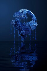 A conceptual digital artwork depicting Earth melting into water, with continents and oceans dripping downward in vivid blue tones. - obrazy, fototapety, plakaty