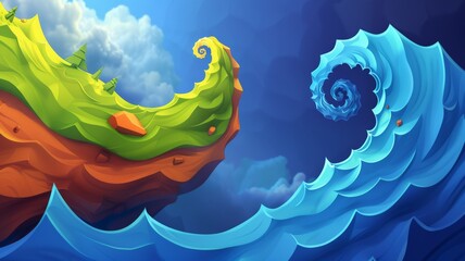 Vibrant digital illustration of a surreal landscape, featuring stylized waves and rolling hills in a captivating palette of blues and greens, creating a dream-like visual experience. - obrazy, fototapety, plakaty