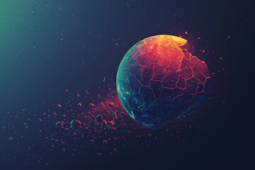 A dramatic scene of Earth with exaggerated red and orange patches, simulating burns from solar radiation amidst dark, space backdrop, - obrazy, fototapety, plakaty