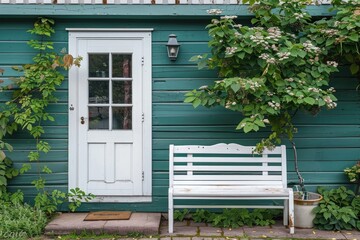 Fototapeta na wymiar White front door of green house, bench, side view