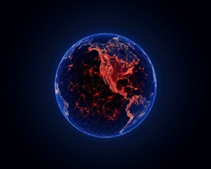 A striking image of Earth from space, its surface glowing with a deep, sunburnt red hue, emphasizing extreme solar radiation,