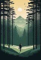 Scenic illustration of hiker walking through misty forest towards majestic mountains. - obrazy, fototapety, plakaty