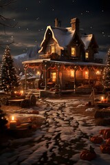 Winter night in the village. Christmas and New Year holidays concept.