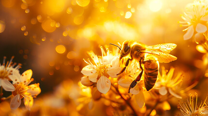 A bee is collecting nectar from flowers.