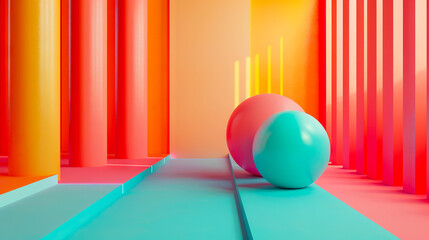 A colorful room with two large balls.
