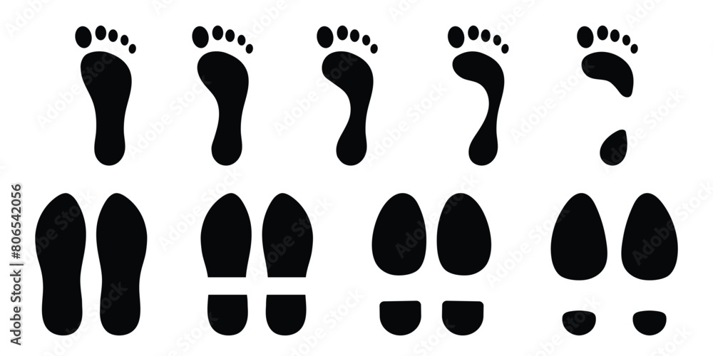 Wall mural footprints. silhouettes of various types of human footprints. to wear and not to wear shoes. the cha